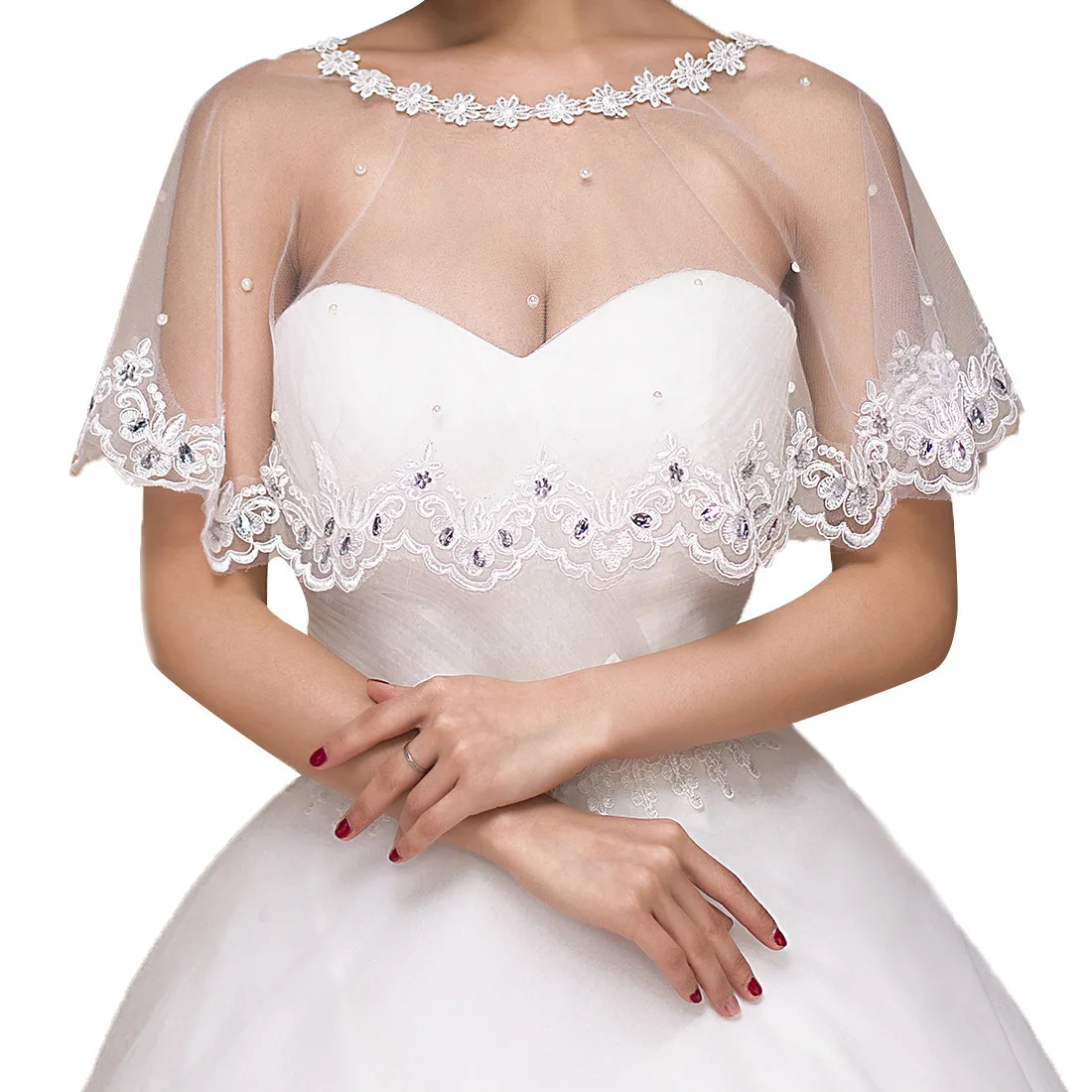 

Vivian's Bridal 2018 O-neck Appliqued Women Shawl White Beaded Mesh Women Thin Wedding Dress Cape Lace Wedding Jacket Wrap