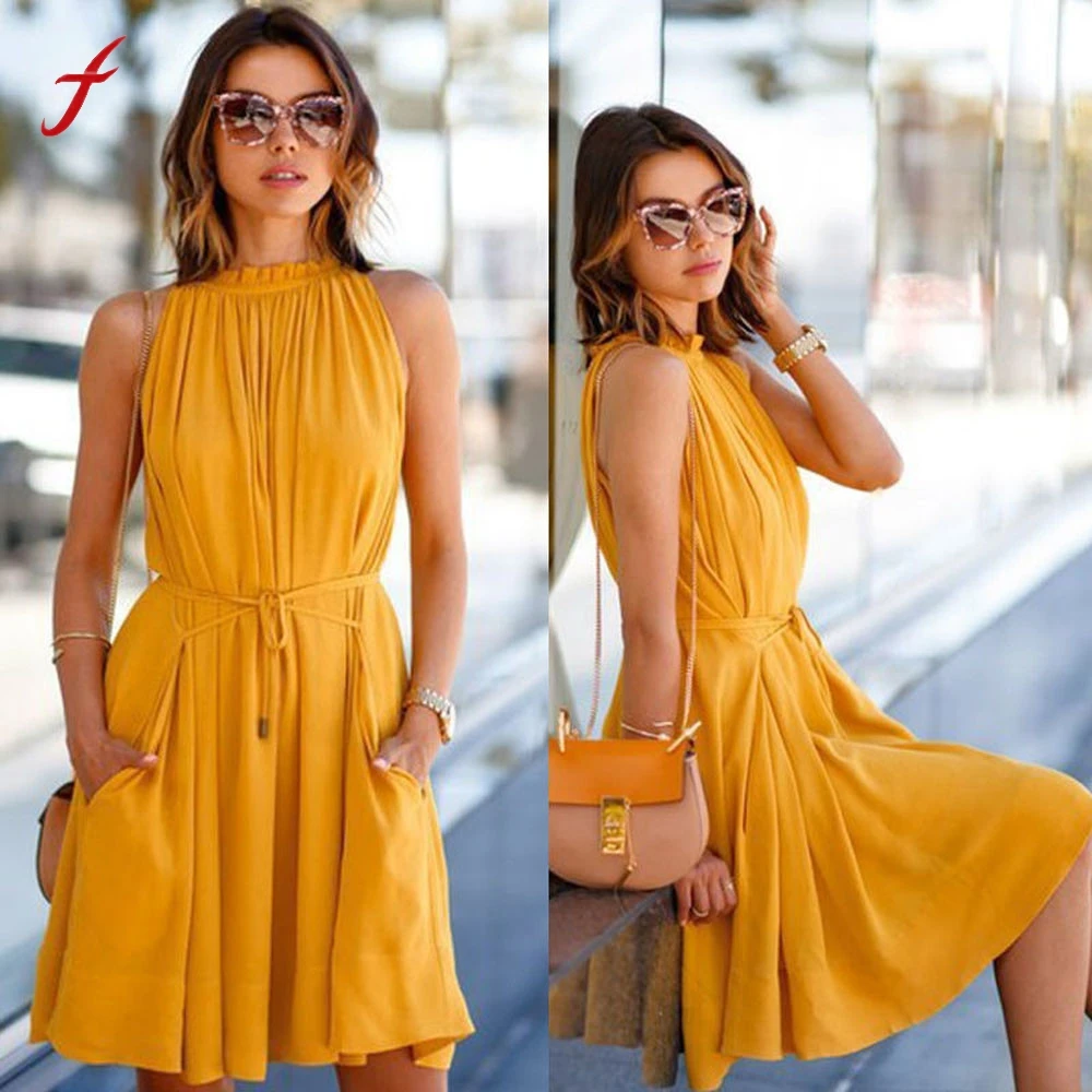 Women Clothing Summer Solid Tassels Waistband Dresses Casual Women's