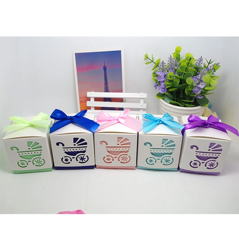 

10Pcs Laser Cut Baby carriage Shower Candy Gifts Boxes Favor Boxes With Ribbon Carriage Shower Wedding Birthday Party Supplies