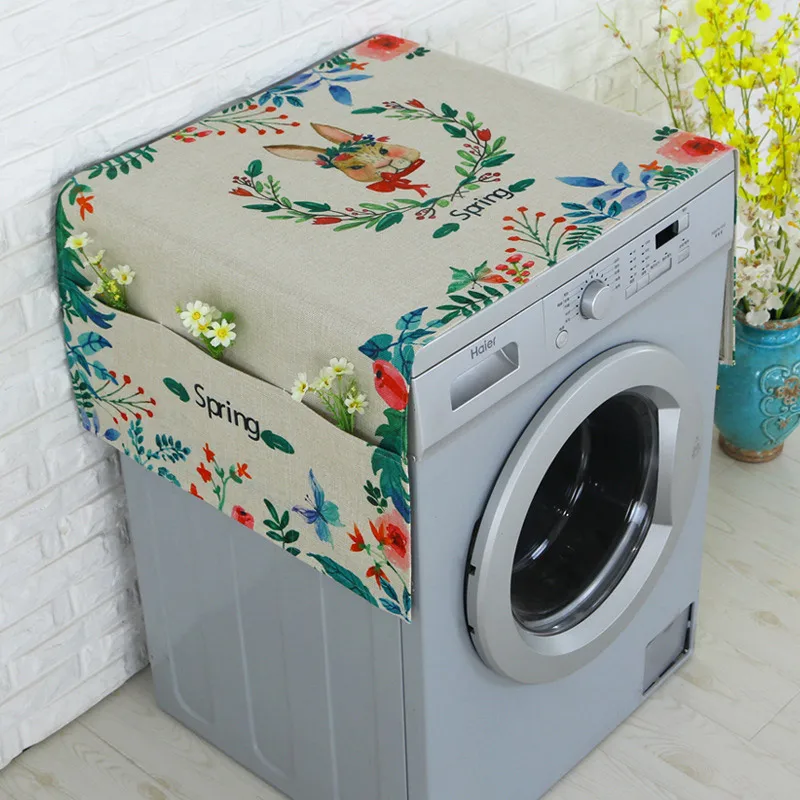 

Cartoon Printed Roller Washing Machine Refrigerator Dust Cover with Storage Pocket Dustproof Cotton Linen Cloth Craft AQ162