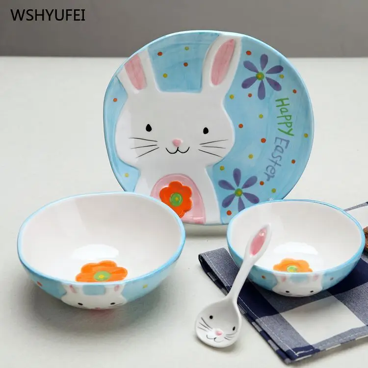 

4Pcs Direct children's cutlery set creative hand-painted ceramic tableware rice bowl plate personality cartoon bowl cute home