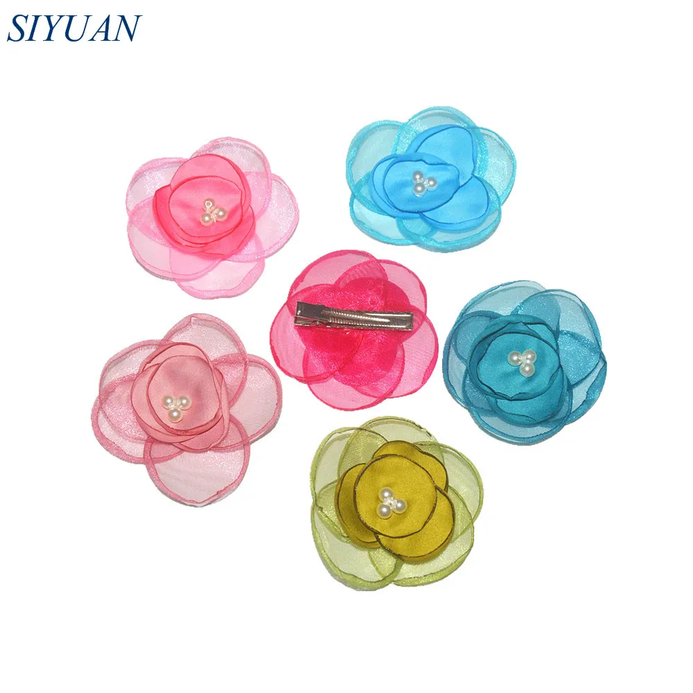 

Retail 3pcs/lot Metal Alligator Hairpin with 3D Clear Burned Silk Flower Satin Flower with Faux Pearl Hair Clip FC129