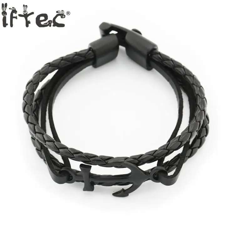 Vintage Anchor Bracelet Black Genuine Braided Leather Charm Bracelets Men Jewelry Party Gift Multi Layer Male Hip Hop | Украшения и