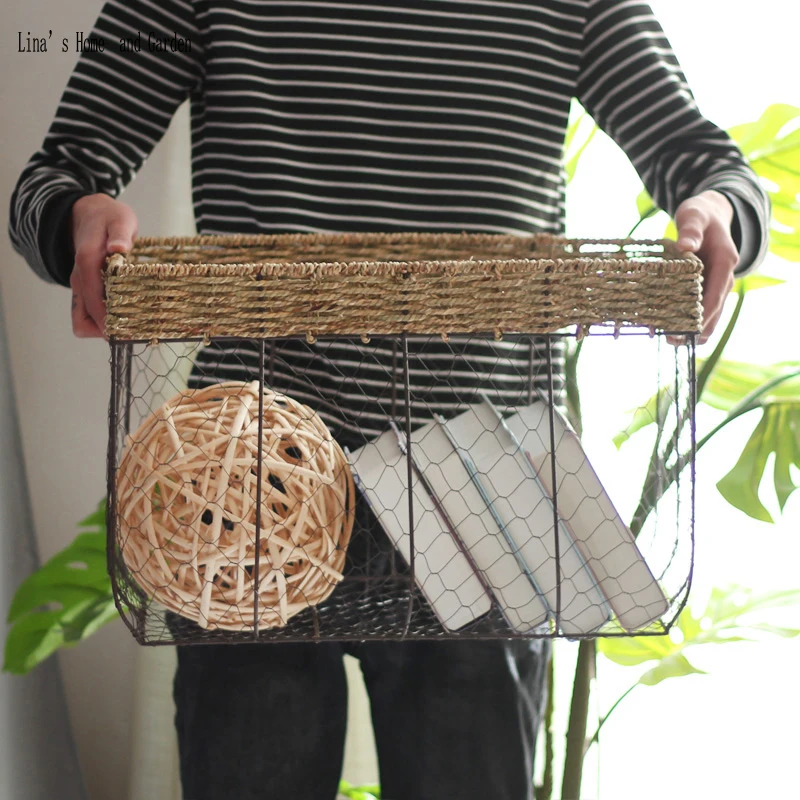 set 2 pieces rectangle handmade vintage rustic wire basket (2)