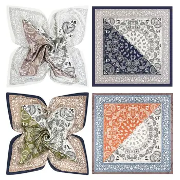 

60x60cm Women Faux Silk Square Neck Scarf Ethnic Paisley Print Neckerchief Contrast Color Patchwork Decorative Bandanas Headwrap