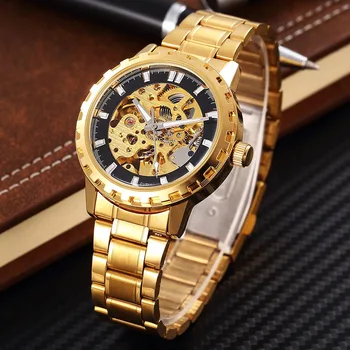 

SHENHUA Gold Gear Case Stainless Steel Fashion Skeleton Watch Men Male Military Clock Steampunk Automatic Mechanical Wristwatch