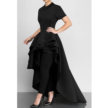 

Women Layered Ruffle Hem Tunic Round Neck Zipper Back Closure Short Sleeve Top AM0417