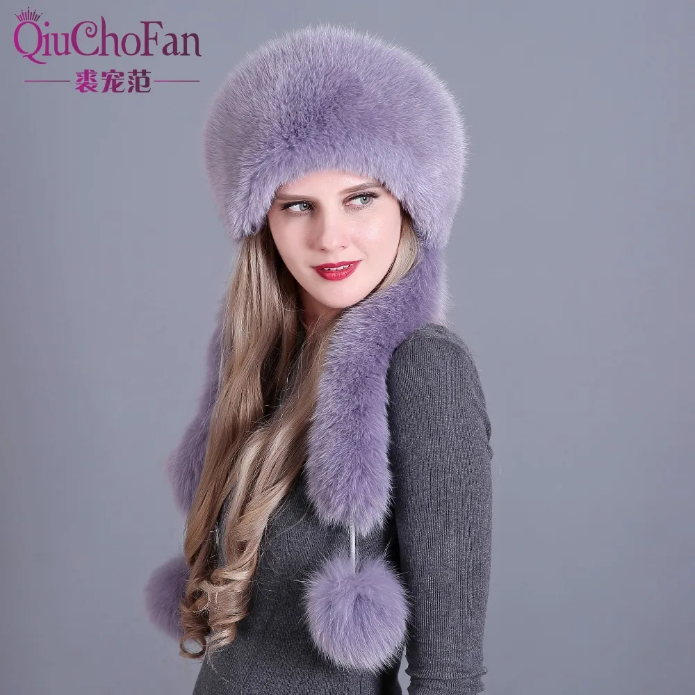 Gorros de invierno para mujer con piel de zorro y piel de conejo con 2 pompones de cola de zorro entera de invierno ruso fuera de cálidas gorras de Mongolia - 5