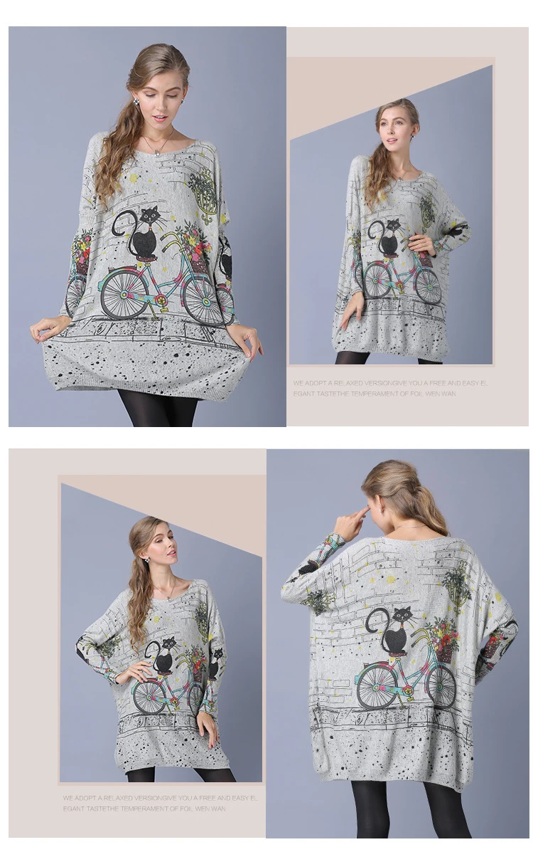New autumn and winter women's one-piece collar cartoon cats print long-sleeved pullover knit shirt shirt shirt (1)