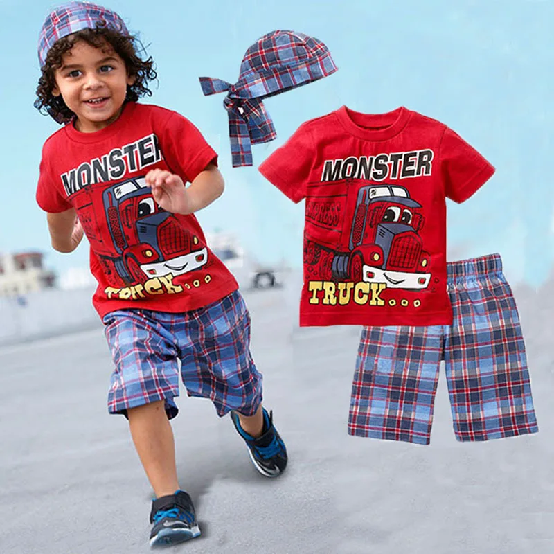 

Clothing sets 2018 New boys set boy shorts Cartoon suits summer short sleeve T-shirt + plaid pants + hat 3 pieces kids clothes
