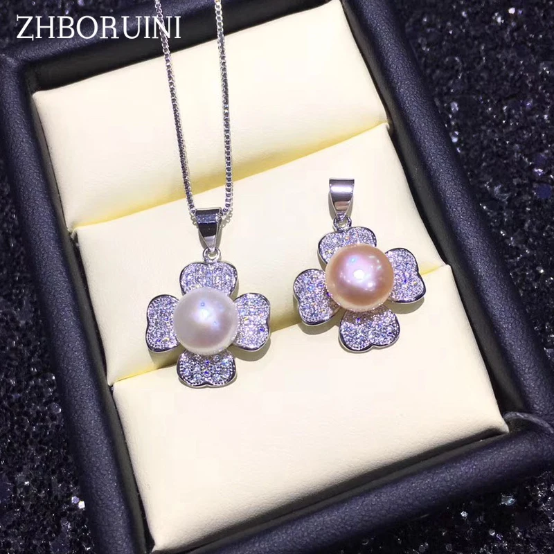 

ZHBORUINI Pearl Necklace Pearl Jewelry Natural Freshwater Pearl Pendants Clover Zircon 925 Sterling Silver Jewelry For Women