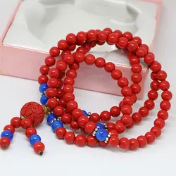 Wholesale price synthetic red cinnabar 6mm 108 beads multilayer long bracelet with ball pendant blue spacer beads jewelry B800