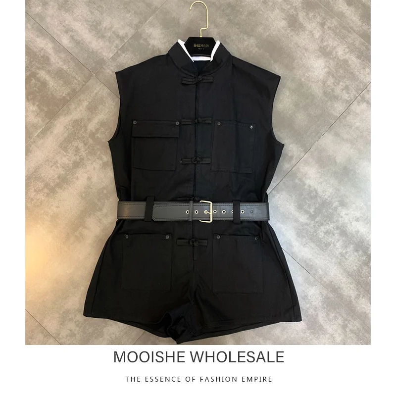 

2019 Summer Women Jumpsuit New Stand Collar National Wind Button Decoration Belt Waist Short Jumpsuit