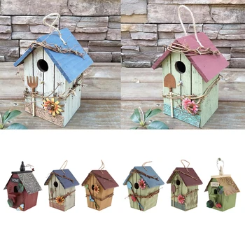 

Hand-painted Wooden Birdhouse with Jute Cord Home Outdoor Garden Decoration
