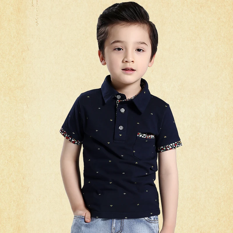 

2017 new summer boys short-sleeved t-shirt children's clothing kids turn-down collar print 100% cotton tops t-shirts 110-170
