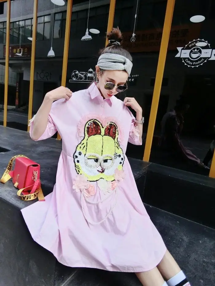 spring and summer new tide brand Garfield sequin chain handmade flowers loose short-sleeved shirt large size dress