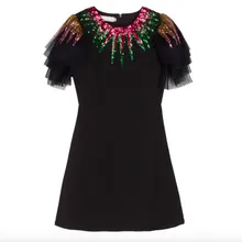 New Runway Women's Dress Luxury Sequins Patchwork Lace Flare Sleeve 2017 Summer Women Trend Style Slim Female Sexy Mini Dresses