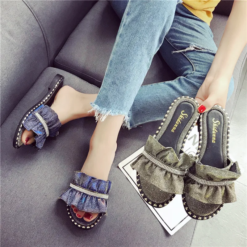 

2019 Women's Slippers Summer Beach Casual Shoes Fashion Casual Square Toe Crystal Outdoor Ladies Shoe Flip Flops Home