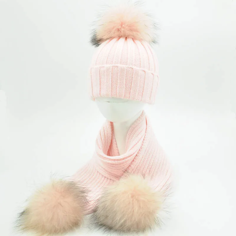 Зимний Детский комплект из шапки и шарфа, теплая плотная эластичная вязаная шапочка для мальчиков и девочек, меховая шапка с помпоном и шарфом, комплект для детей - Цвет: Pink match fur 01