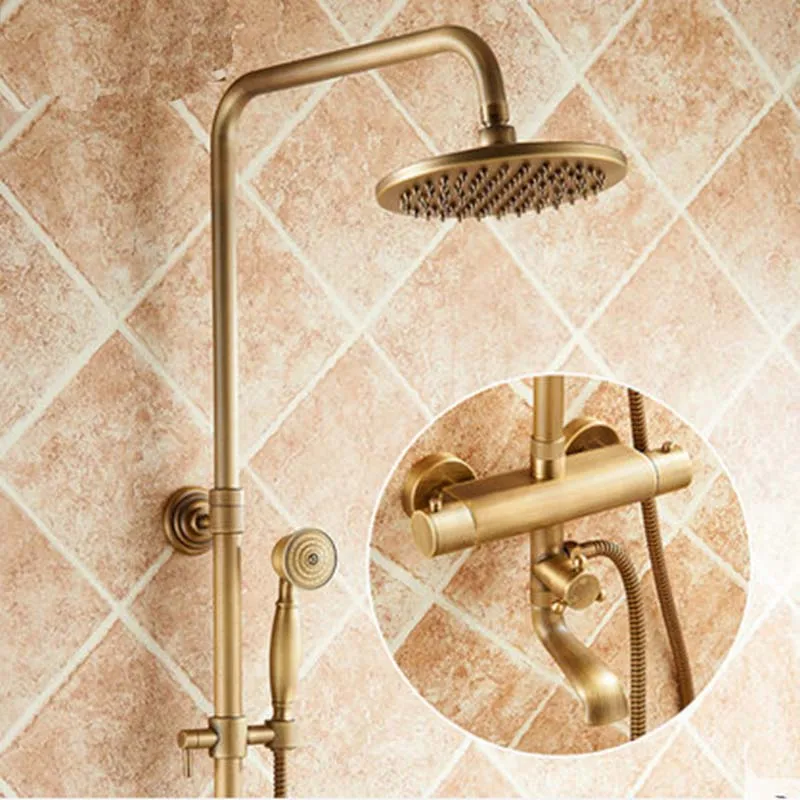 Thremostatic Solid Brass Antique Brass Wall Mounted Shower Bathroom Faucet Mixer