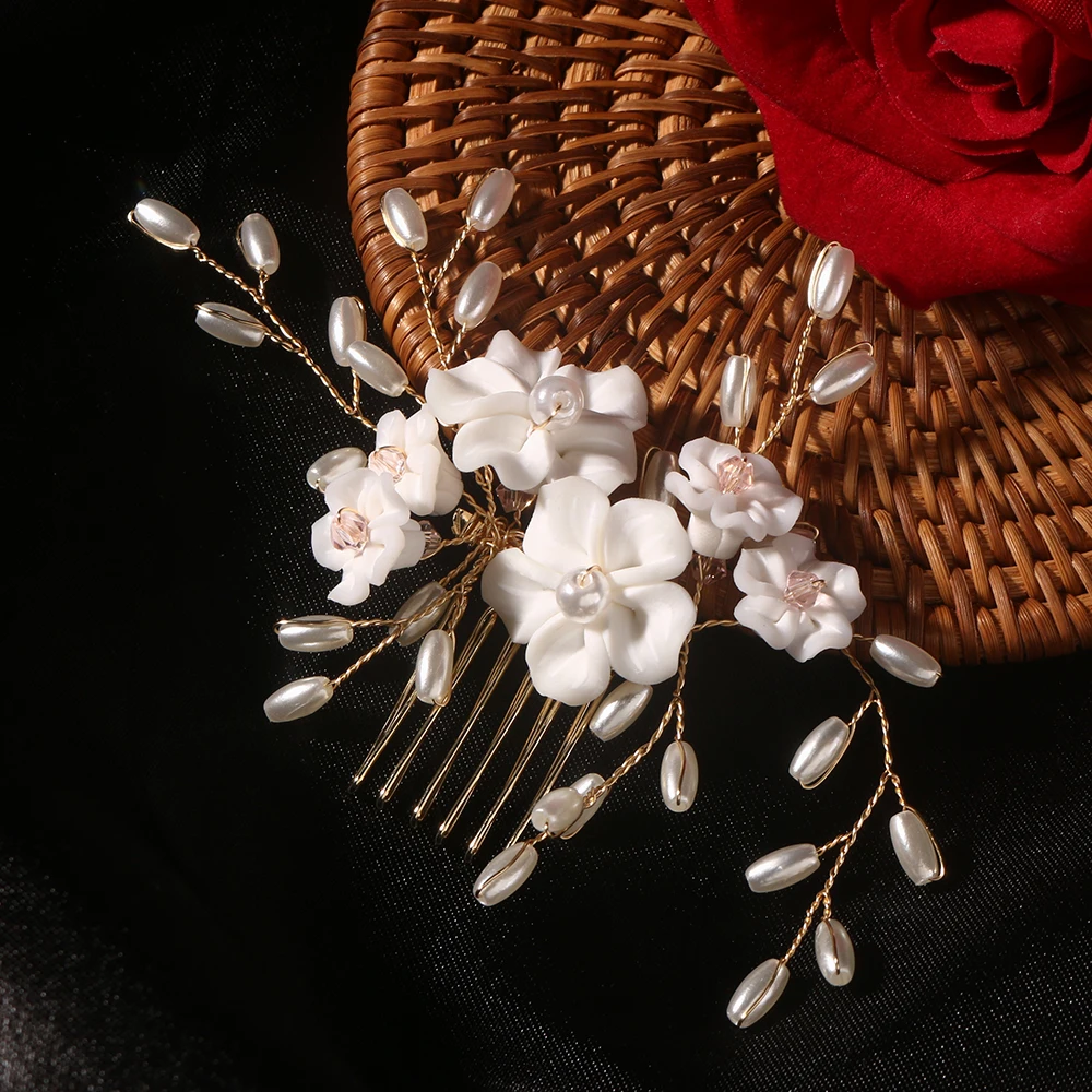 

Luxury Rhinestones Wedding Flower Pearl Hair Pin Comb For Women Crystal Hair Jewelry Handmade Bride Headdress Hair Accessories