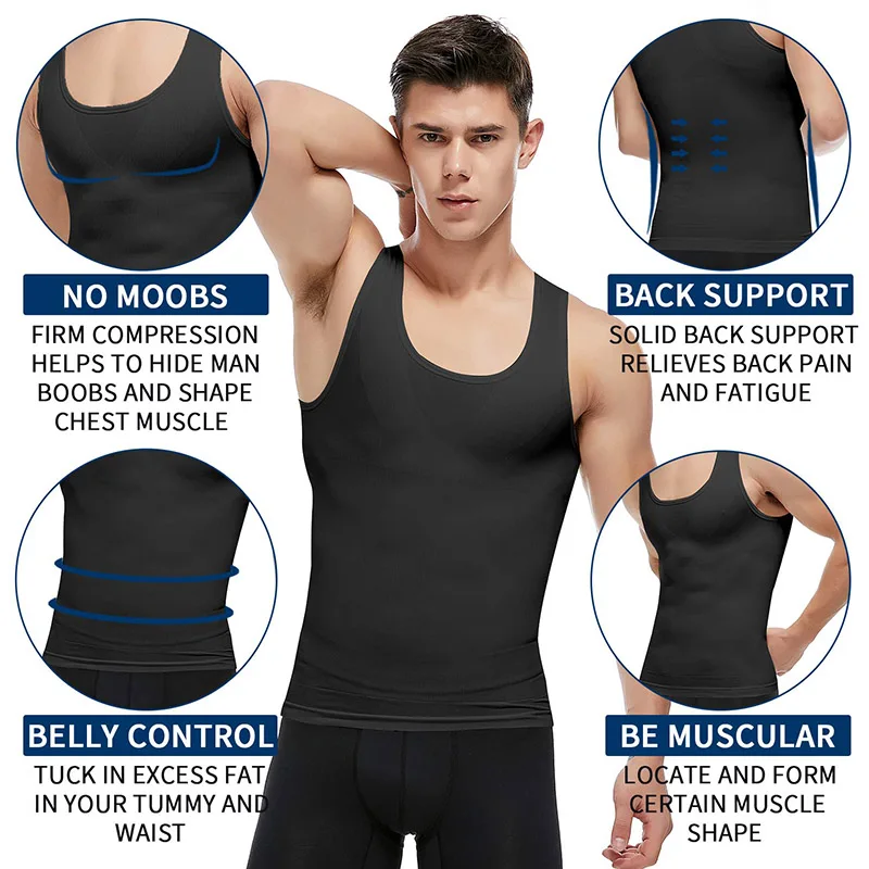 Mens Slimming Body Shaper Vest Shirt Abs Abdomen Compression Shirt to Hide Gynecomastia Moobs Workout Tank Tops Undershirts