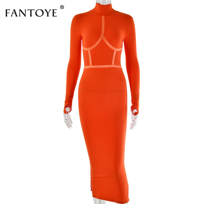 Fantoye Весна с высоким, плотно облегающим шею воротником с длинными облегающее платье Для женщин полосатые узкие облегающие Клубные вечерние платье уличная карандаш платье Vestidos - Цвет: Orange