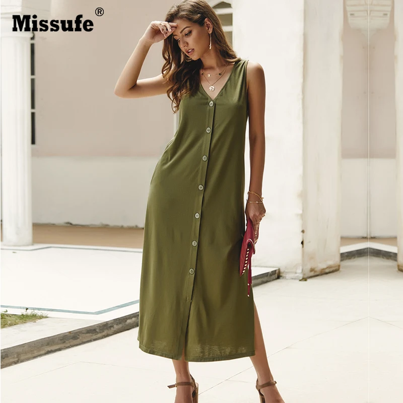 

Missufe Casual Summer Dress Front Button Off Shoulder Vestidos Ukraine Female Solid Tunic 2019 Midi Length Women Dress