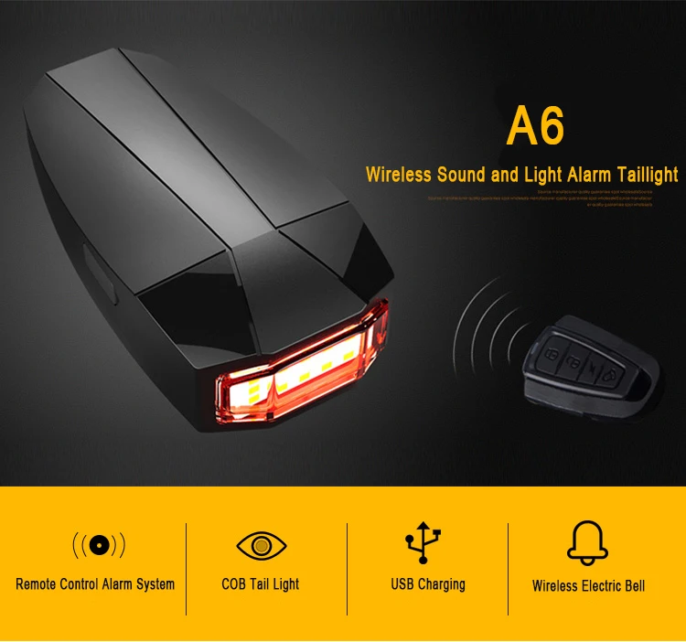 Sale A3/A6 Bike Wireless Remote Control Burglar Alarm Tail Light USB Rechargeable LED Bicycle Taillights Cycling Safey Warn Rear Lamp 7