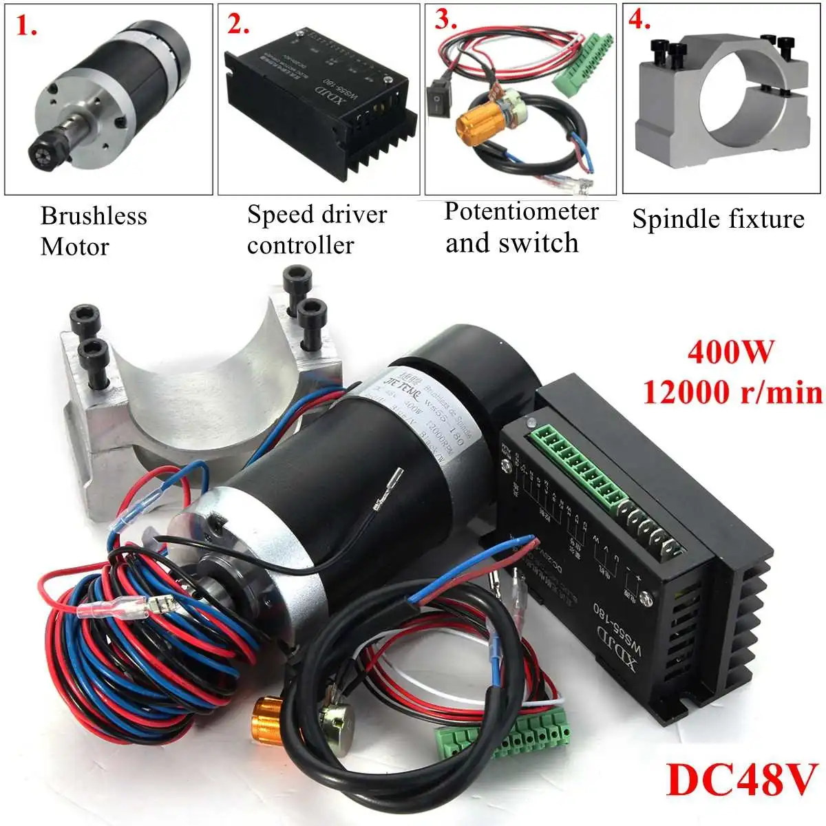 

400W 12000rpm ER11 Chuck CNC Brushless Spindle Motor DC Machine Tool with Driver Speed Controller and Clamp