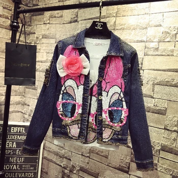 

Students Short Denim Jacket Coats Spring Winter Women New Fashion Pearl Pink Sequin Long Sleeved Jeans Cowboy Coat Overcoat