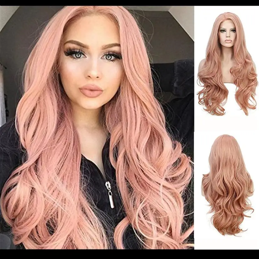 

New Women's Fashion Wig Pink Synthetic Hair Long Wigs Wave Curly Wig+Cap 0703