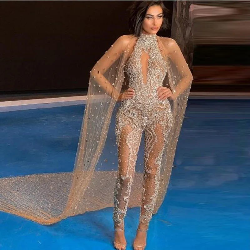 

Luxury Beaded Crystal Champagne A-line Jumpsuit Evening Event Party Gown Custom Vestidos Party Wear Prom Women Formal Dresses