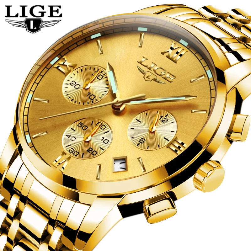 

LIGE Mens Watches Top Brand Luxury Business Quartz Gold Watch Men Full Steel Fashion Waterproof Sport Clock Relogio Masculino