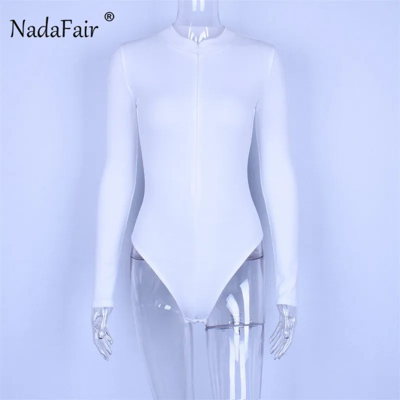 Nadafair Zipper Long Sleeve Ribbed Knitted Bodysuit Women Autumn Skinny Black White Romper Jumpsuit High Neck Winter Body Female