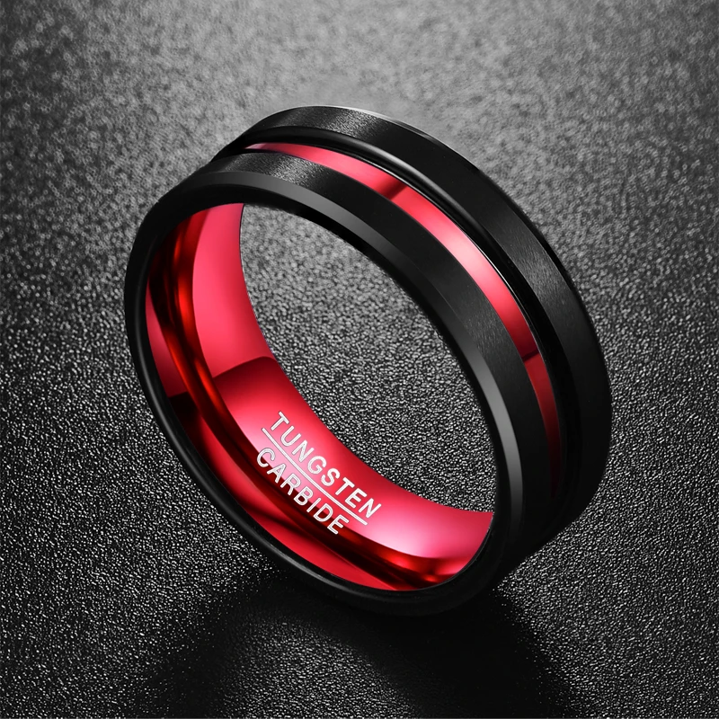 Online Nuncad 8MM de ancho nunca se desvanecen los anillos de acero de tungsteno con una sola ranura rojo anillo de compromiso para hombre