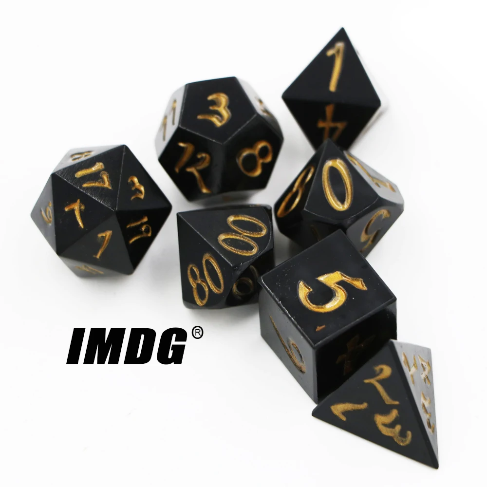 

IMDG 7pcs/set Creative RPG Game Dice Polyhedron Metal Dice DND Large Font Black Gold Color Digital Game Dice
