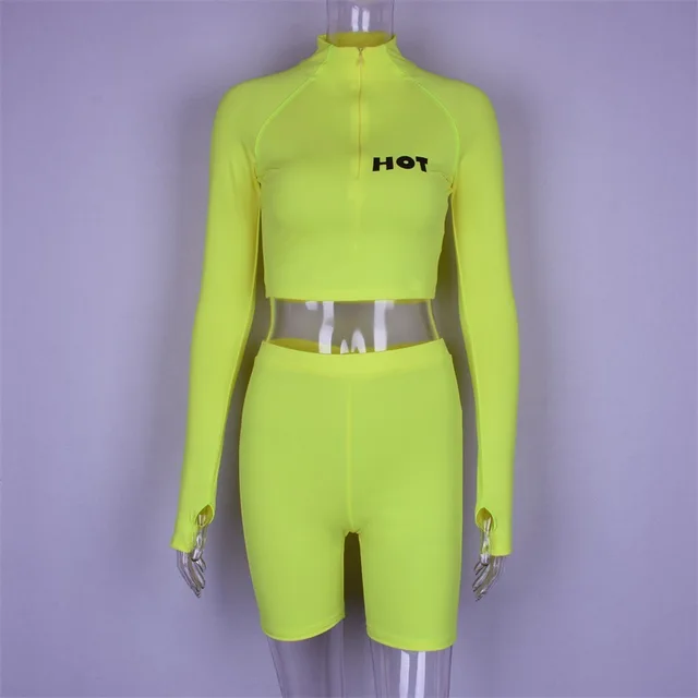 Buy Yellow TWO PIECE SET Shorts Fitness Crop Top Long