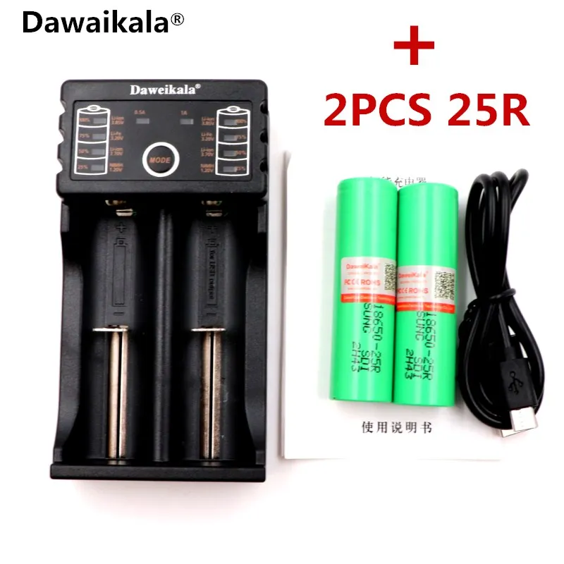

2PCS for samsung 18650 battery 2500mah lithium battery 25r inr1865025r 20a battery for electronic cigarette+Daa 201 Charger