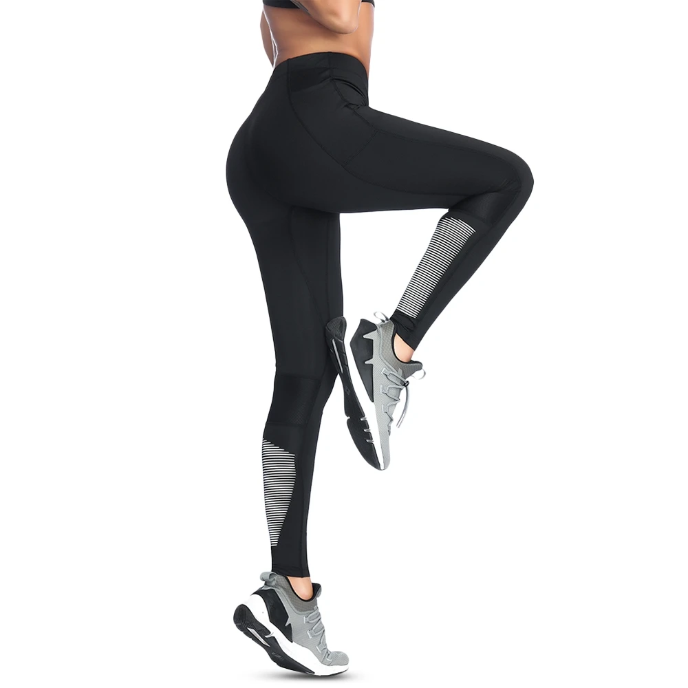 

High Waisted Yoga Pants Pocket Stripe Skinny Elastic Women Gym Fitness Yoga Sport Pants Belleziva Polyester Seamless Leggings