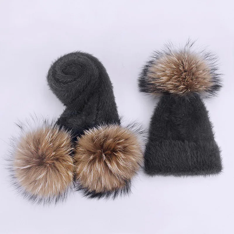 Зимняя шапка из кроличьего меха и шарф, набор для женщин и девушек, женская зимняя вязаная шапка, Повседневная однотонная шапка с натуральным меховым помпоном - Цвет: Black