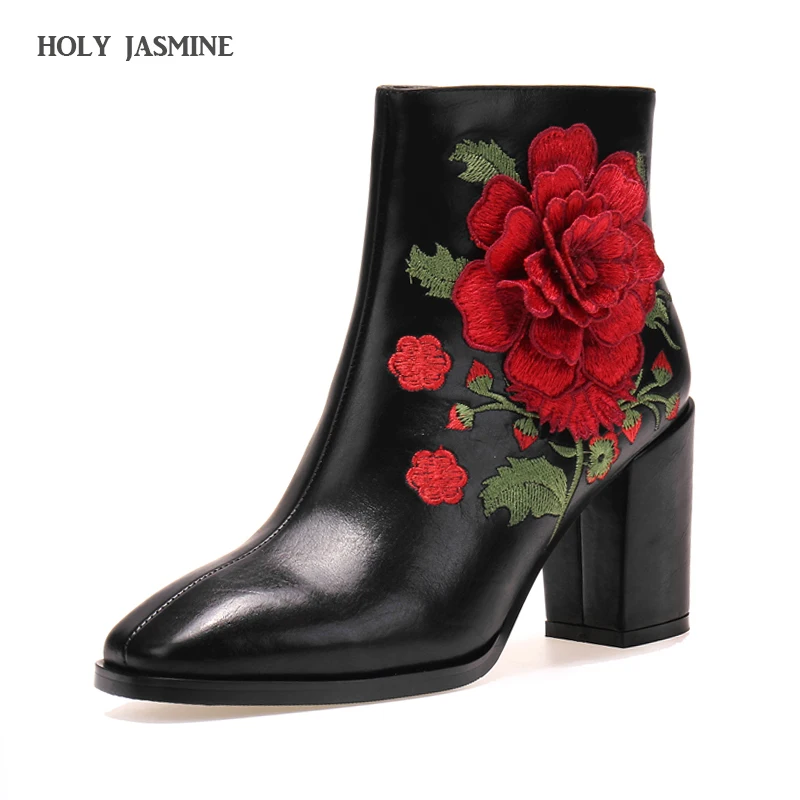 

Women's Shoes oriental embroidery lace up boots thick high heels European Square Toe women fashion wedding party ankle boots