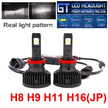 

1 Set H8 H9 H11 H16(JP) XHP70 LENS Chips GT Car LED Headlight 90W 9000LM High Bright EMC Turbo Fan Front Bulbs Lamps 6000K White
