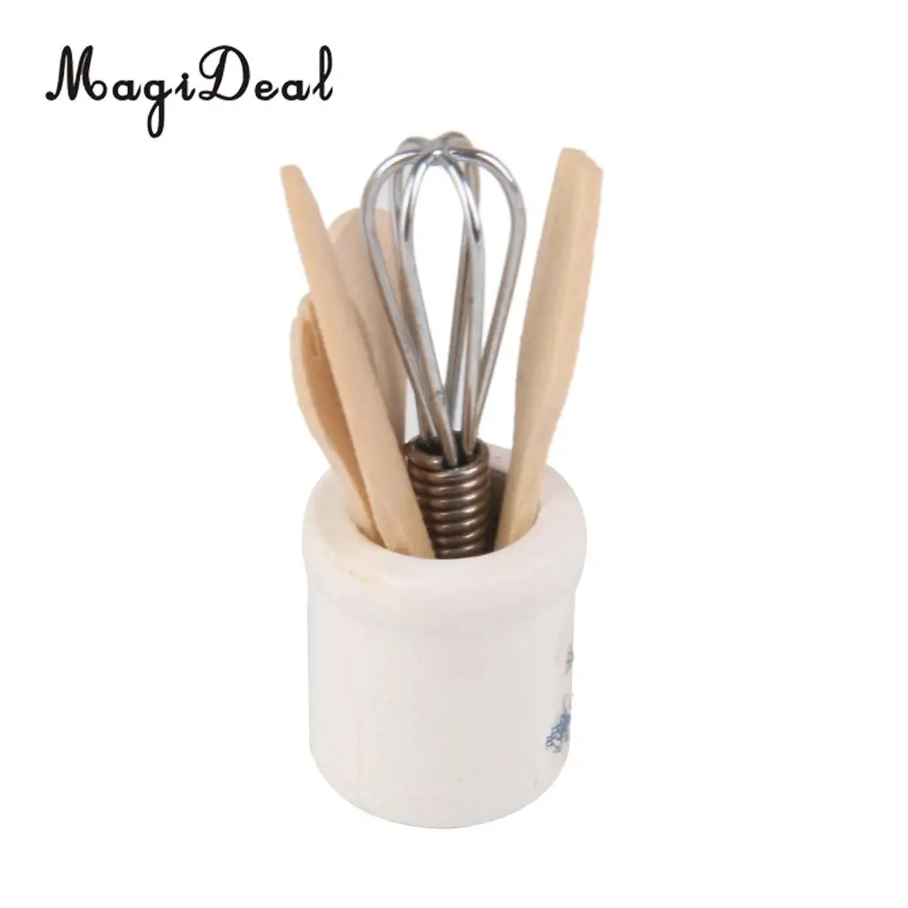 Dollhouse Miniature 1:12 Kitchen Utensils Wooden Kitchenware with Holder