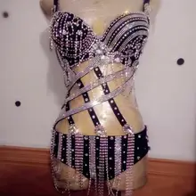 Сексуальное женское белье AB Стразы наряд с бикини женские шикарные цепочки бюстгальтер короткие костюмы танцевальная одежда комплект Вечерние платья на день рождения