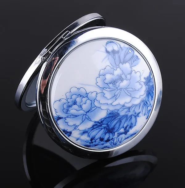 Новые синие и белые фарфоровые керамические складные двухсторонние мини карманные зеркала для макияжа