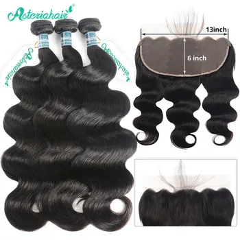 

Asteria Hair Peruvian Body Wave Bundles With 13X6 Lace Frontal Closure Pre-Plucked Natrul Black 100% Remy Human Hair Extensions