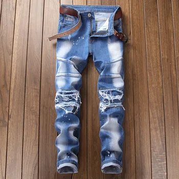 

2019 New Original Men's Riding Personalized Stitching jeans Men's Mid-rise Straight Blue Denim trousers More Size 28-38 40
