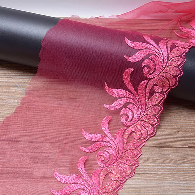 

Free shipping 5yards/lot 20cm wide Embroidered Tulle Lace trim mesh lace trim in Rose red-HY
