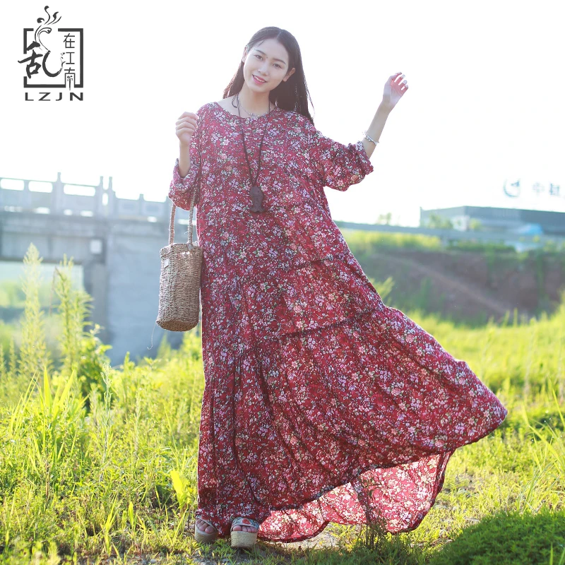 LZJN Long Sleeve Bohemian font b Dress b font 2017 Autumn font b Women b font